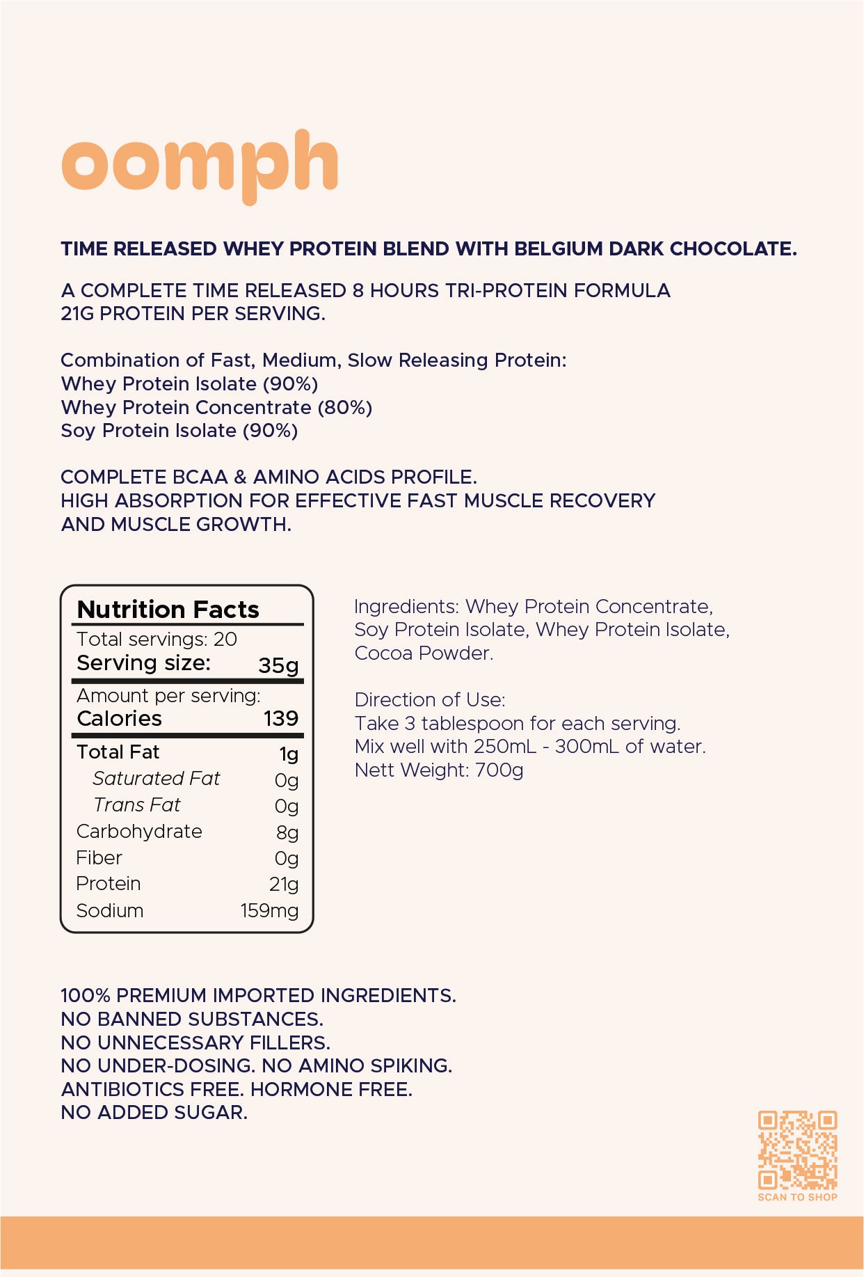 OOMPH Time Released Whey Protein Blend with Belgium Dark Chocolate 700g
