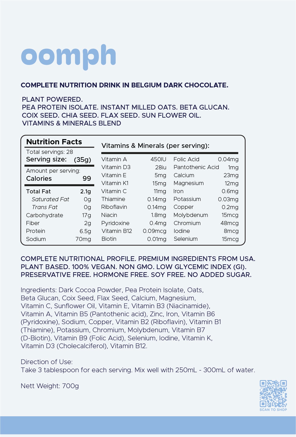 OOMPH Complete Nutrition Drink in Belgium Dark Chocolate 700g